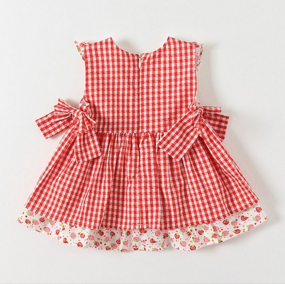 6-12M - Dress To Tunic - Red Gingham Strawberry Embroidered Girl's Dress - Picture 3 of 4